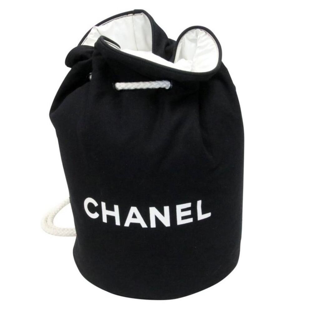 AUTH CHANEL Black & White Logo Large Jumbo Drawstring Canvas Bucket Bag Backpack